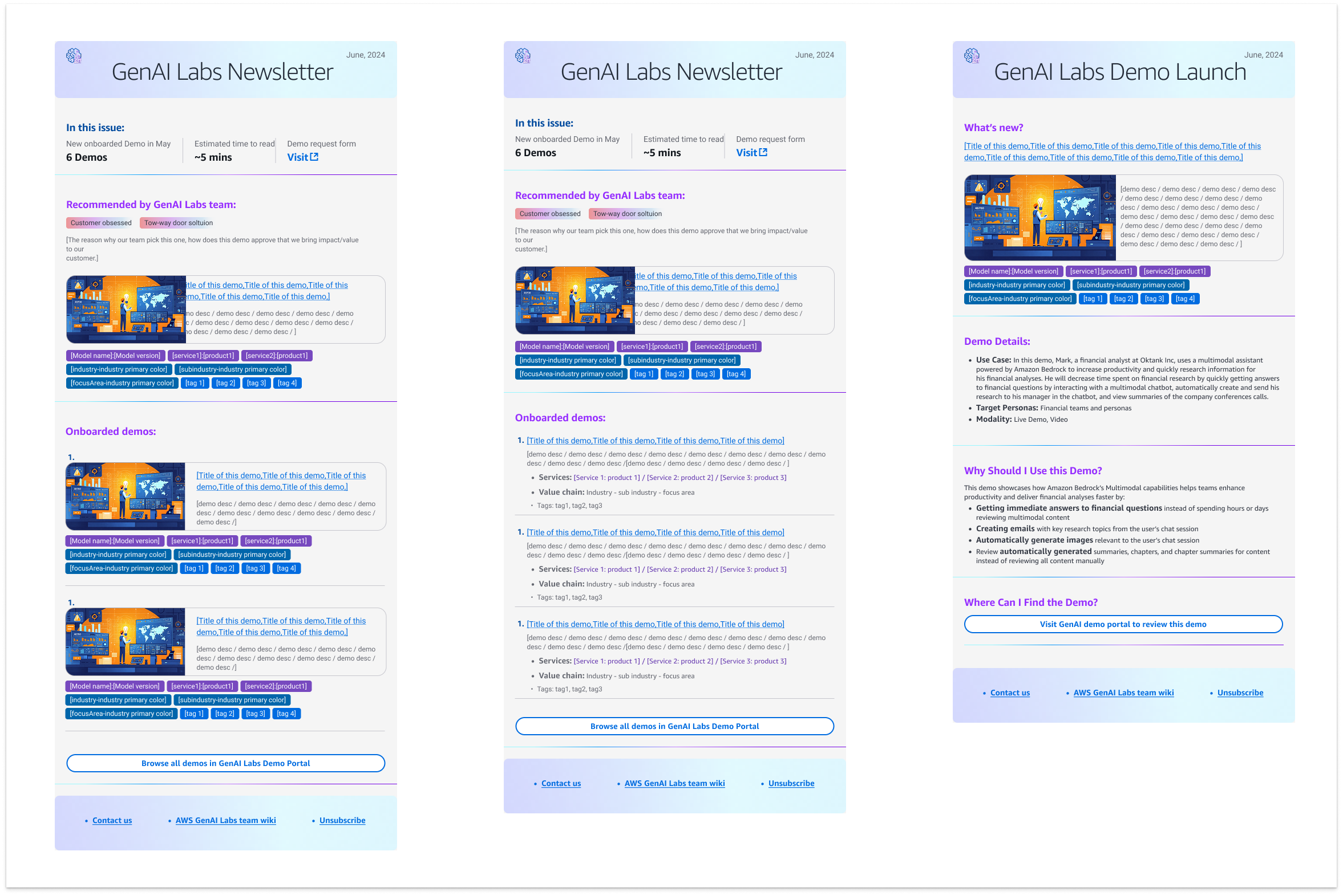 Three newsletter versions explored, rightmost selected