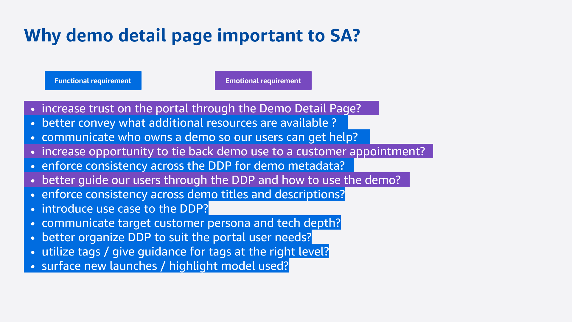 Workshop requirement clusters